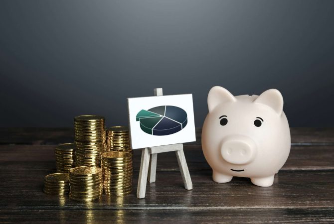Piggy bank and budget money.
